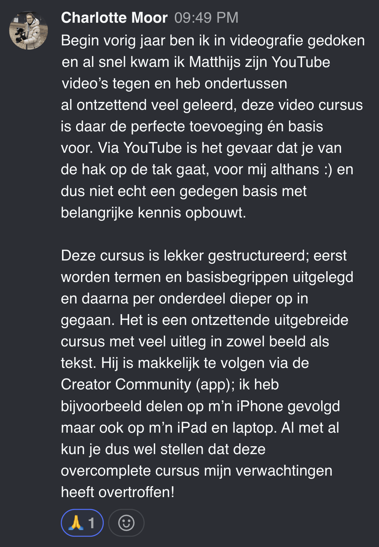 Cursist deelt review en ervaring met de online Cursus Videografie van Matthijs de Deugd