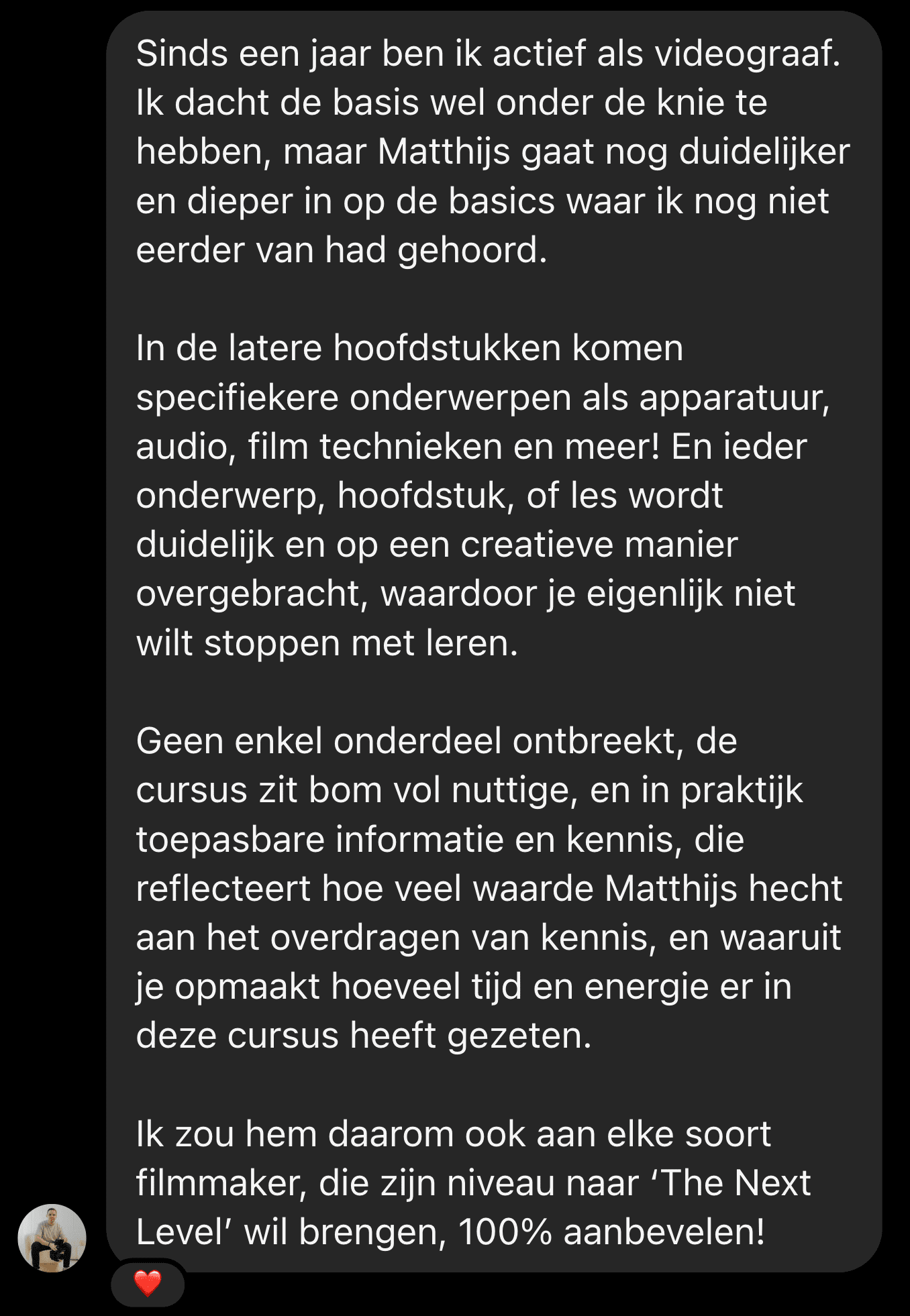 Cursist deelt review en ervaring met de online Cursus Videografie van Matthijs de Deugd