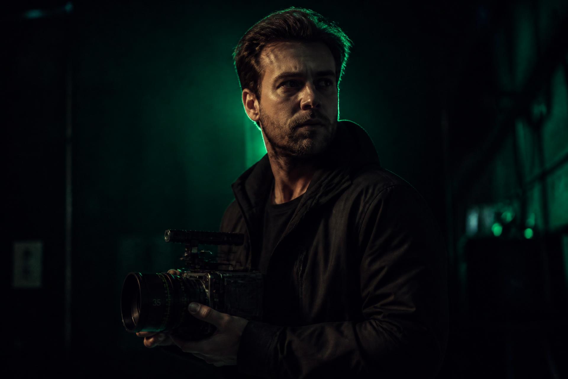Filmmaker met professionele cinema camera in donkere studio met cinematic licht